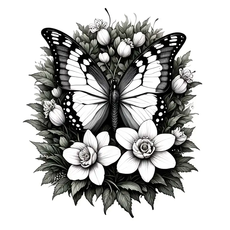 Butterfly With Small Rose Daffodil Flowers