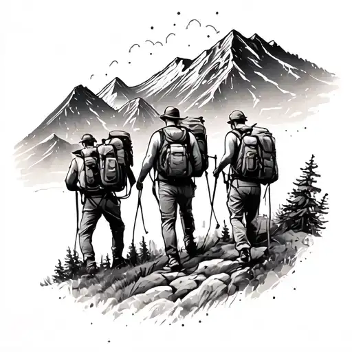 A Tattoo Design Of A Group Of Friends Hiking Together With A Subtle Mountain Range In The Background