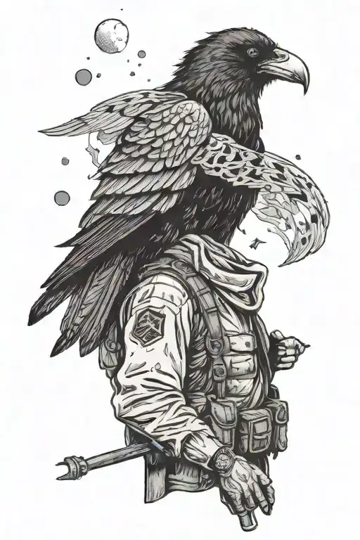 A Lonely Wanderer With A Raven On His Shoulder Wearing An Army Badge With A Fish Symbol