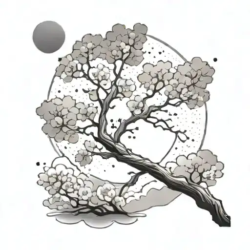Cherry Blossom Tree With Clouds And Moon