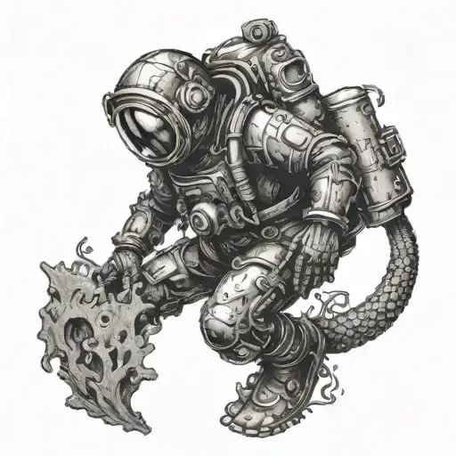 An Intricate Dotwork Tattoo Of A Deep-sea Diver Exploring A Hidden Underwater Cave