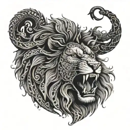 A Tribal-inspired Lion Roaring With A Dragon Curled Around It