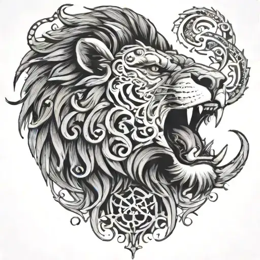 A Tribal-inspired Lion Roaring With A Dragon Curled Around It