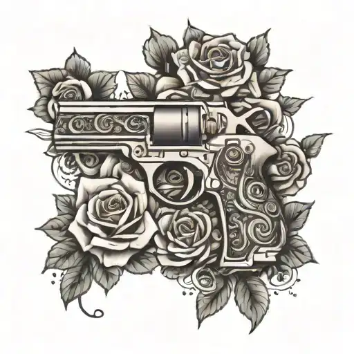 An Intricate Design Of A Gun Surrounded By Roses And Scripture