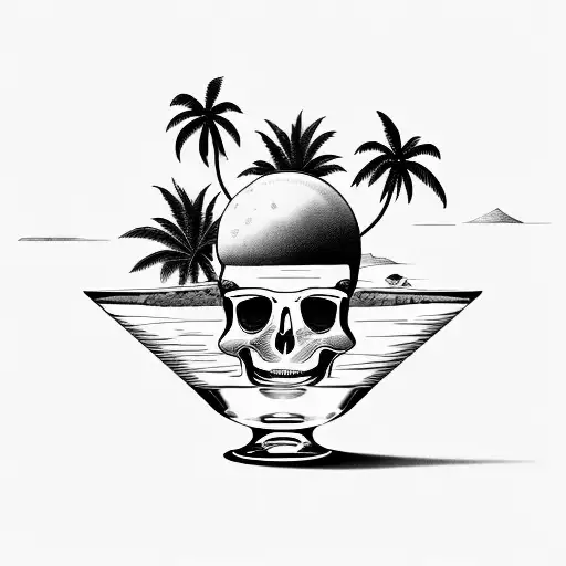 Wineglass With Gasbottles On An Island With Palmtrees And The Sun Is In The Sky