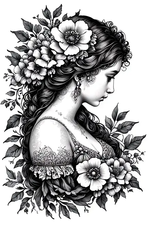 Women's Medieval Engraving With Flowers