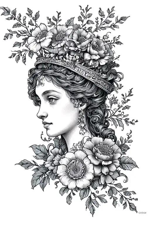 Women's Medieval Engraving With Flowers