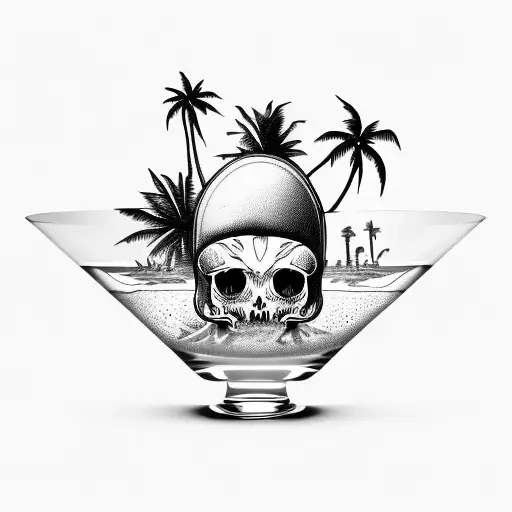 Wineglass With Gasbottles On An Island With Palmtrees And The Sun Is In The Sky