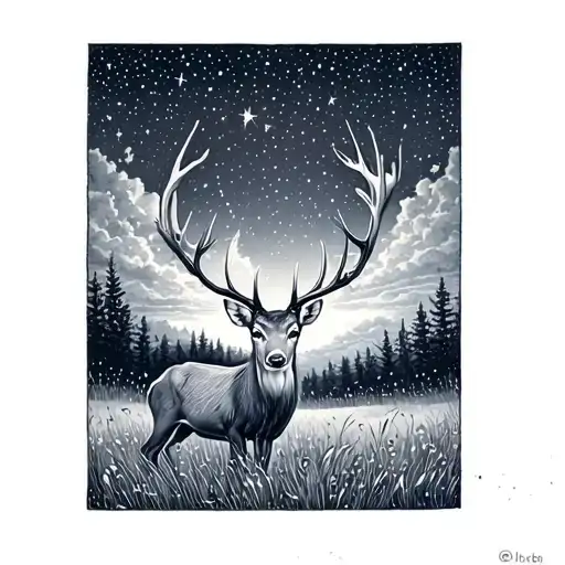 A Mystical Scene Of A Deer In A Meadow Under A Sky Full Of Shooting Stars
