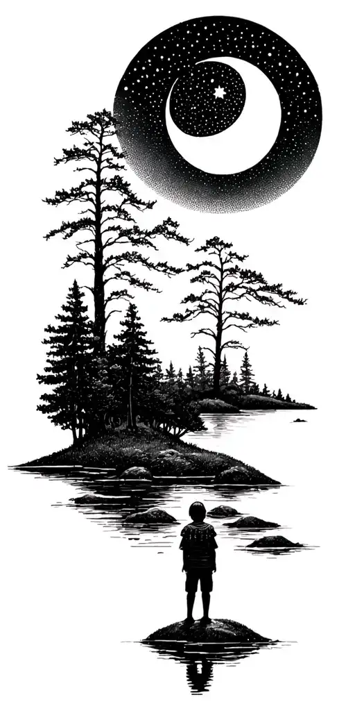 Small Person Standing By A River Surrounded By Trees Looking Up To The Moon And Stars