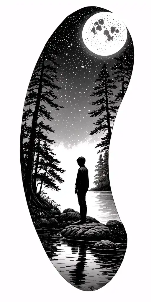 Small Person Standing By A River Surrounded By Trees Looking Up To The Star Filled Sky And Moon