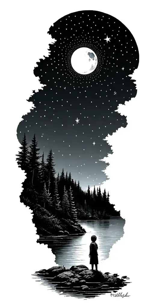 Small Person Standing By A River Surrounded By Forest Looking Up To The Star Filled Sky And Moon