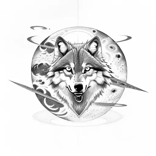 Wolf On An Inverted Triangle With Planets And Stars Above Its Head
