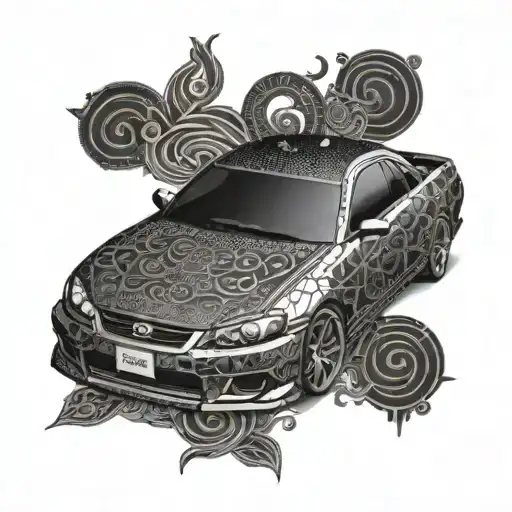 A Sleek Japanese Car With Intricate Blackwork Designs Inspired By Rap Music Lyrics And Symbols