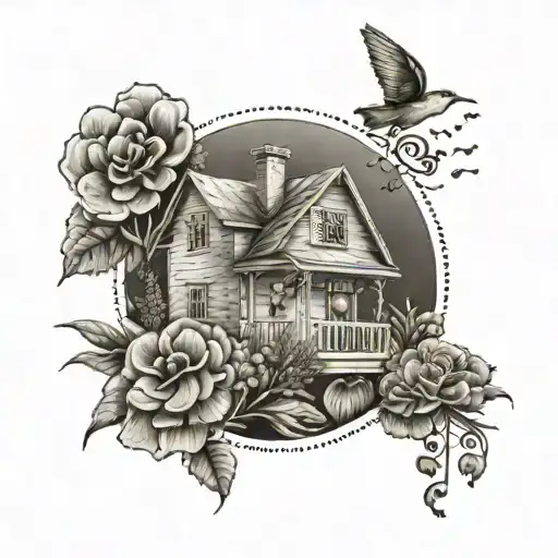 A Real Estate Themed Tattoo With A Beach House Surrounded By Flowers And Music Notes