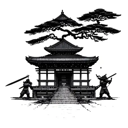 Japanese Temple With Samurai Welding A Sword Backwards With Bonsai Tree In The Background