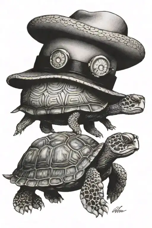 See Turtle Traveling With A Hat And Lugage Traveling