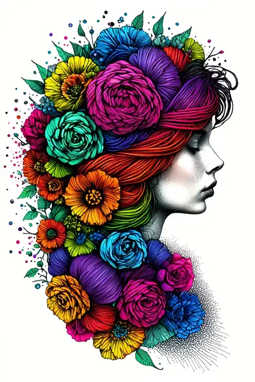 Woman Face Side Profile With Colorful Yarn Exploding Out Of Top Of Head Surrounded By Flowers