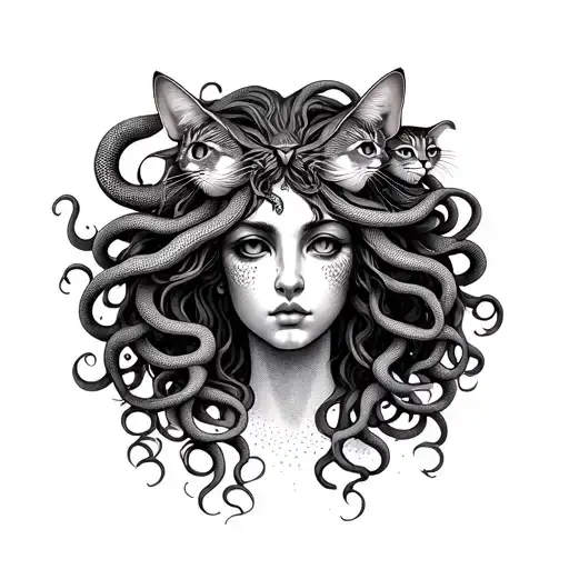 Medusa Head With Multiple Different Ferocious Cats In Her Hair Instead Of Snakes