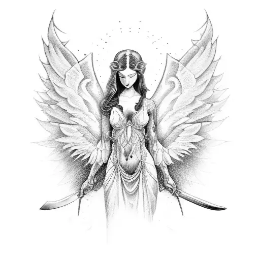 A Mystical And Enchanting Dotwork Tattoo Depicting A Women Angel With Wings And A Sword