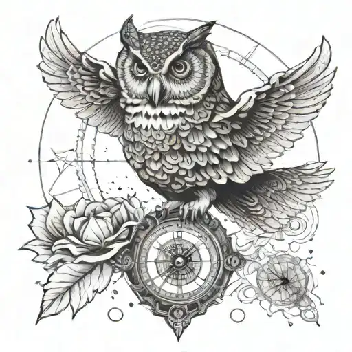 Owl Flying With A Compass Toward A Nautilus Shell
