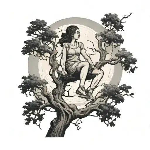 Girls Swinging From Tree With Giant Full Moon In Background