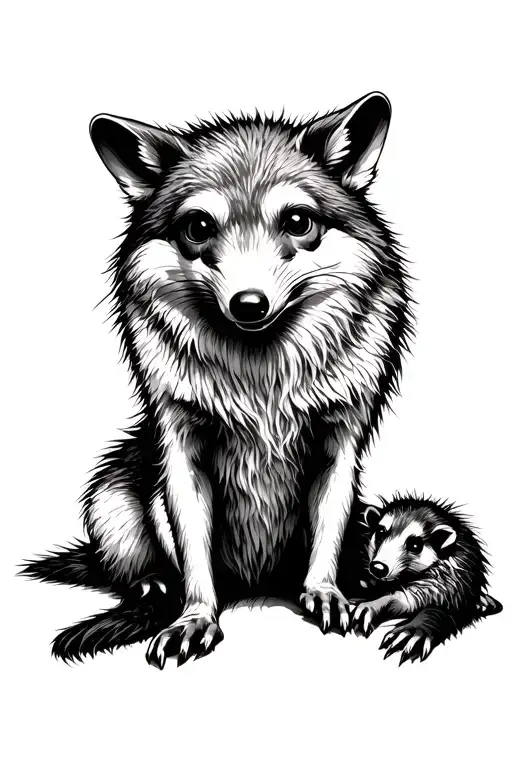 An Opossum Plays Dead At The Feet Of A Sitting Coyote