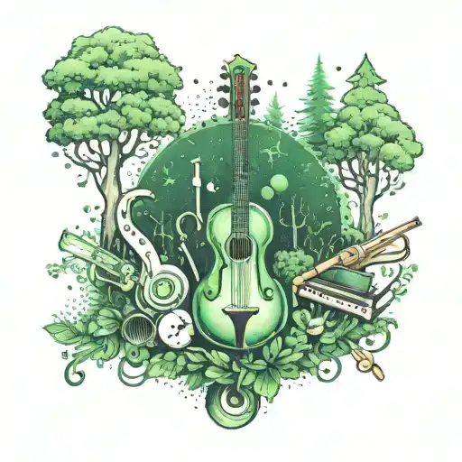 A Green Forest Scene With Musical Instruments Hidden Among The Trees