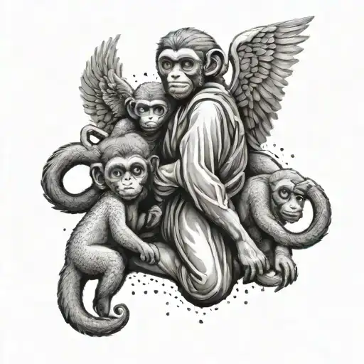 A Tattoo Of A Caretaker Symbolized By A Guardian Angel Protecting A Family Of Monkeys