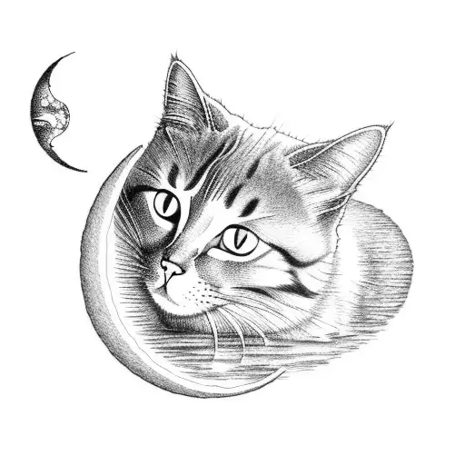 A Cat Curled Up On A Crescent Moon With A Sun Shining In The Background