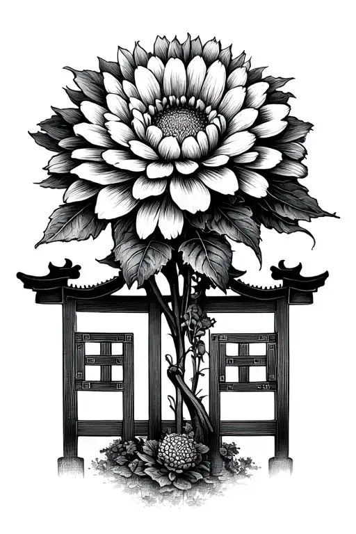 Chrysanthemum Flower And Japonese Gate
