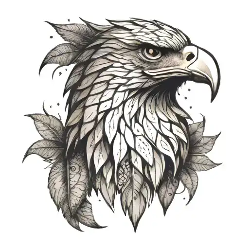 Sketch Style Eagle Head In Leaves Forming The Shape