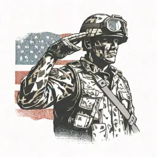 Design A Tattoo Of A Soldier's Silhouette Saluting Against A Backdrop Of The American Flag