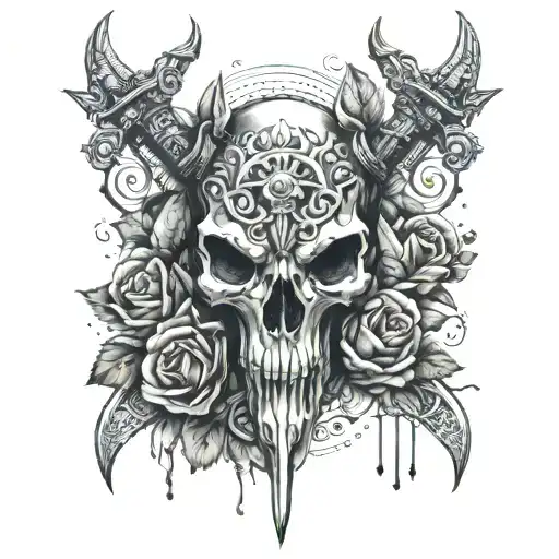 Horse Skull And Roses Impaled By Sword