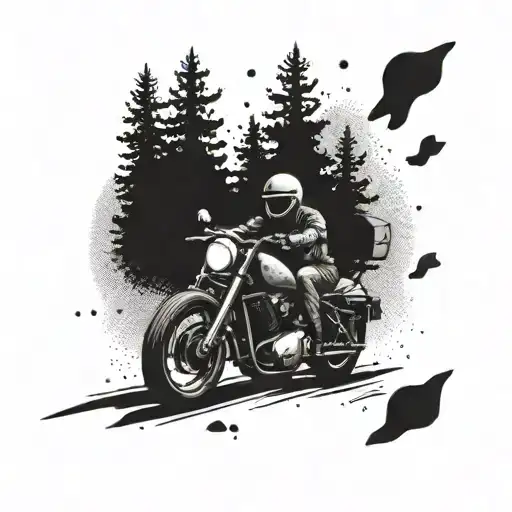 A Motorcycle Speeding Through A Forest With A Camping Tent In The Background