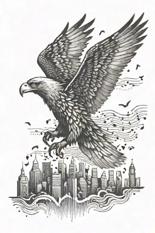 An Eagle Flying Over A City Skyline Made Of Musical Notes