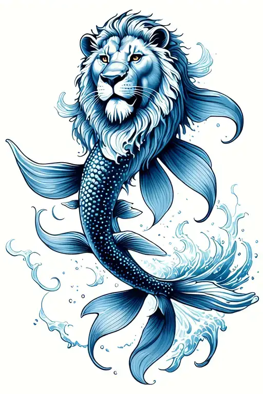 Koi Fish Swimming Upstream In Ocean Waves With Lion Face Above It