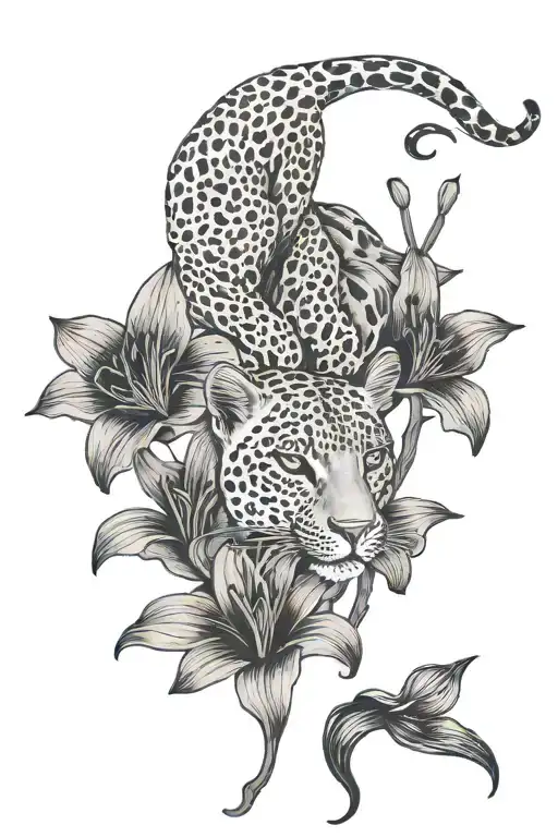 Dotted Leopard Surrounded By Black Line Lilies