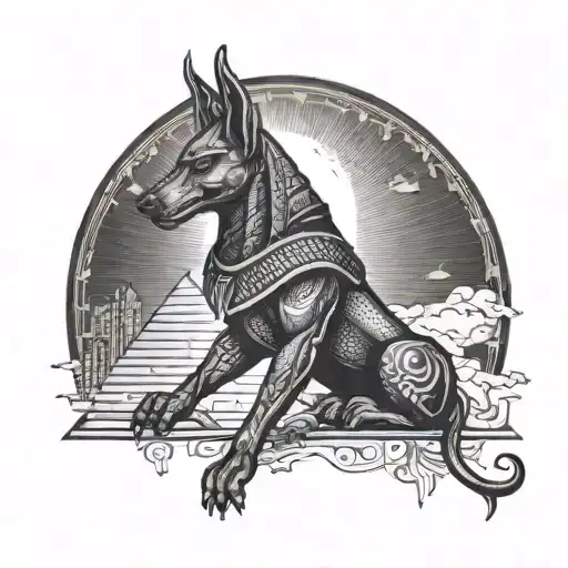 Egyptian God Anubis Warrior With Sunrise Background