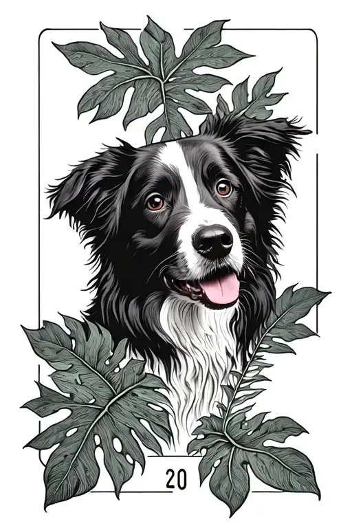 Tarot Card With Nose Of A Border Collie In The Middle Surrounded By Monstera Plant Leafs