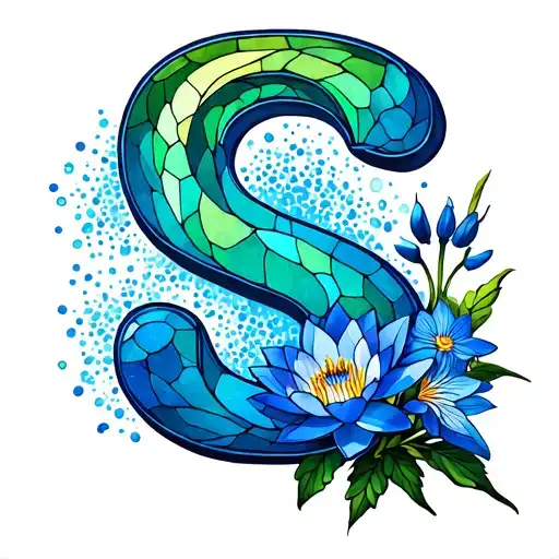 A Stain Glass Letter S With A Blue To Green Gradient And Blue Larkspur With A Water Lilly