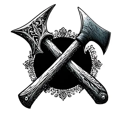 Spear And A Axe Crossing Ecahother Forming An X With Deatiled Trible Carvings