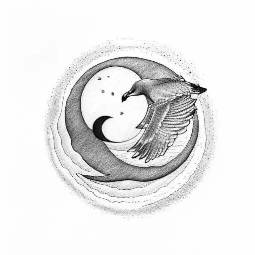 A Crescent Moon Rising Over A Tranquil Ocean With Seagulls Flying In The Distance