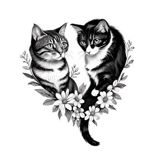 2 Cats In Flowers In The Shape Of A Heart
