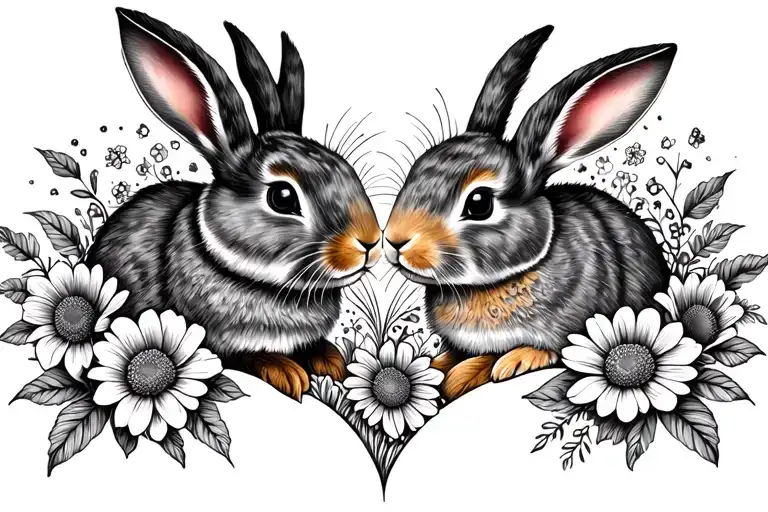 2 Bunnies In Flowers In The Heart