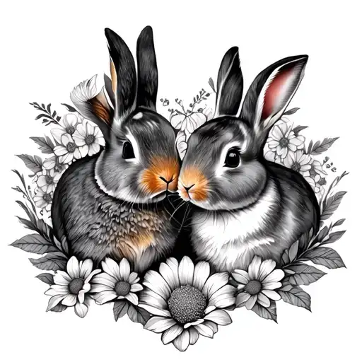 2 Rabbits In The Flower In Shape Heart Made