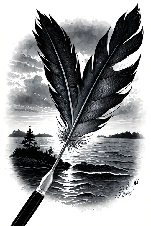 A Quill Pen Writing A Sunset Scene With A Silhouette