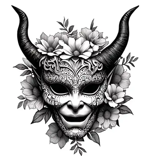 Demon Mask Surrounded By Flowers