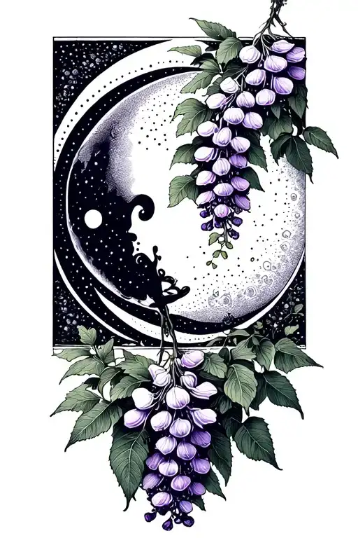 A Wisteria Flower Intertwined With A Moon Surrounded