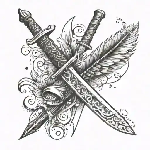 A Tattoo Of A Quill Pen And A Sword Crossed In A Dynamic Composition